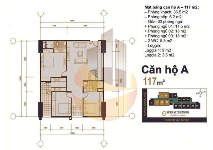 Chính chủ cần bán căn hộ 117m2 ( 3 ngủ) ban công Đông chung cư 60 Hoàng Quốc Việt.