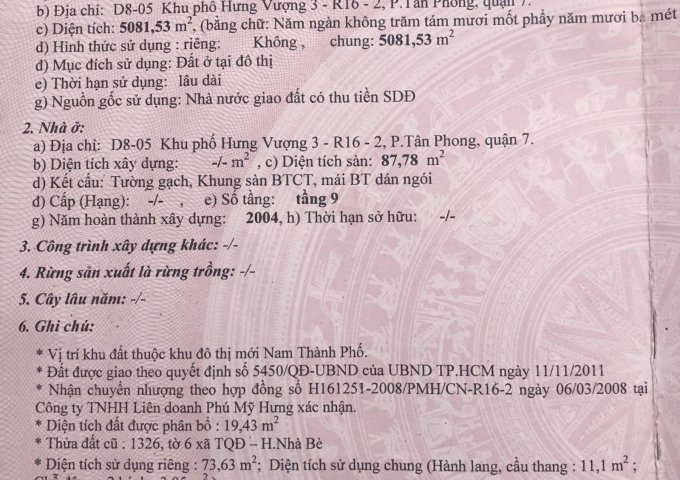 CHÍNH CHỦ CẦN BÁN CĂN HỘ CHUNG CƯ HV3  P.TÂN PHONG – QUẬN 7 – TP.HỒ CHÍ MINH