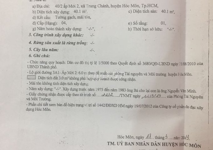 CHÍNH CHỦ BÁN NHÀ ĐẤT  XÃ TRUNG CHÁNH - HUYỆN HÓC MÔN - TP HỒ CHÍ MINH