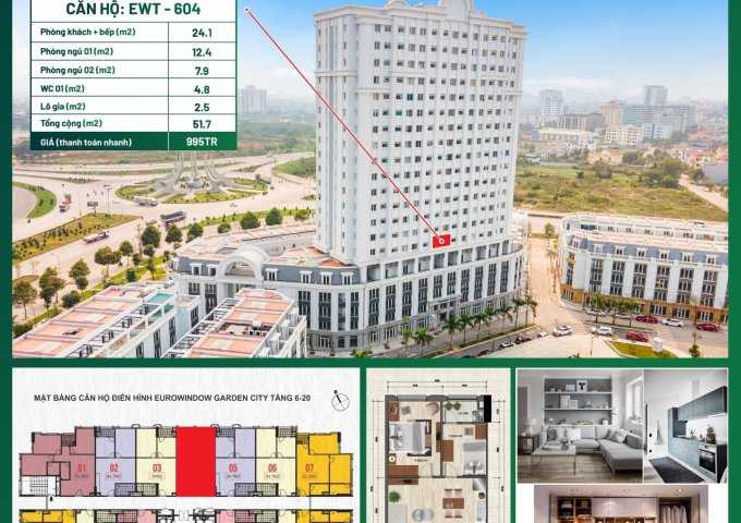 Bán căn hộ Eurowindow Park City thanh hóa 51.7m2, 2pn, bc, wc, giá chỉ 995tr