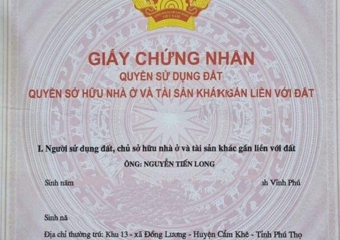 Chính chủ cần bán đất ở xã Đồng Lương, huyện Cẩm Khê, tỉnh Phú Thọ