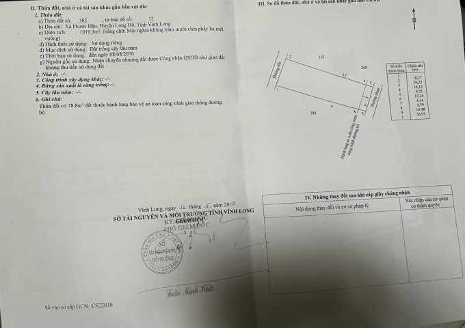 Bán đất xã Phước Hậu, huyện Long Hồ, tỉnh Vĩnh Long.