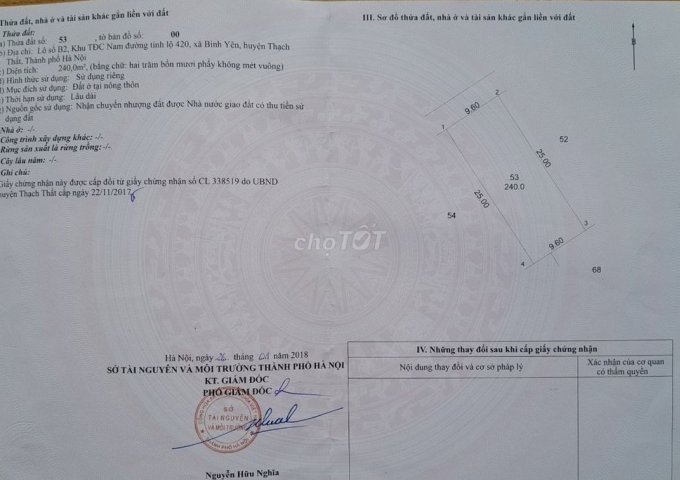 Chính chủ cần bán 240m2 full thổ cư đất tái định cư Nam đường tỉnh lộ 420, xã Bình Yên, Thạch Thất.