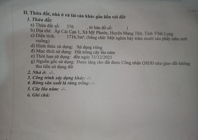 CẦN BÁN LÔ ĐẤT MẶT TIỀN TẶNG NHÀ KIÊN CỐ CÓ RÀO ĐẦY ĐỦ TẠI ẤP CÁI CẠN, XÃ MỸ PHƯỚC