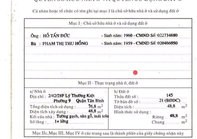 Chính chủ cần nhà 1 trệt 1 lầu, hẻm Thiên Phước - phường 9 Quận Tân Bình