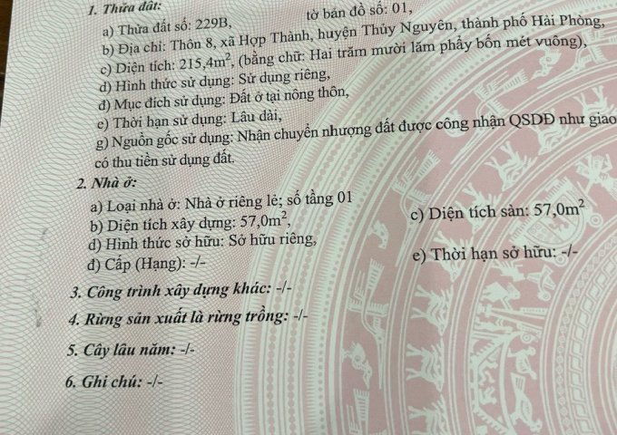 Bán căn nhà + vườn Sổ đỏ 215,4m2 - ngang 8m tại Hợp Thành, Thuỷ Nguyên Hải Phòng