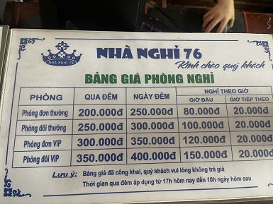 CẦN CHO THUÊ PHÒNG NHÀ NGHỈ TẠI SỐ NHÀ 76 ĐƯỜNG NGUYỄN CÔNG TRỨ, PHƯỜNG LỘC VƯỢNG , TP NAM ĐỊNH