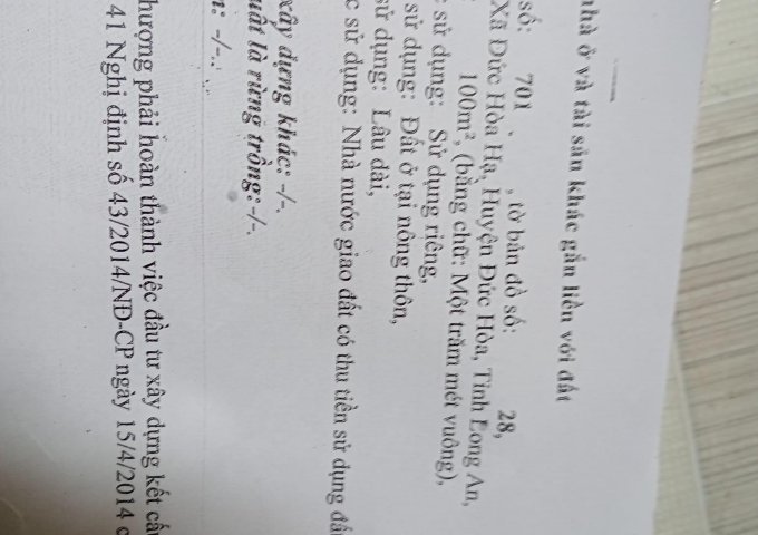 CHÍNH CHỦ Cần Bán Đất Thổ Cư Vị Trí Đẹp Tại Xã Đức Hòa Hạ, Đức Hòa, Long An