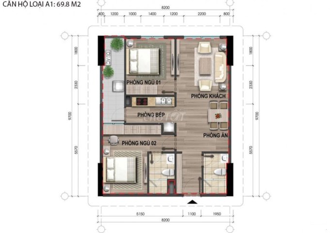Cho thuê căn góc 70m2, 2 phòng ngủ, tầng cao tại CT4, full đồ đường Phạm Văn Đồng