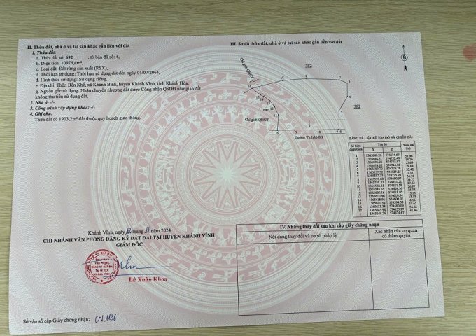 Chính chủ cần bán lô đất tại Thôn Bến Khế - Xã Khánh Bình - Huyện Khánh Vinh - Tỉnh Khánh Hòa