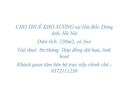 CHO THUÊ KHO XƯỞNG tại Hải Bối, Đông Anh, Hà Nội