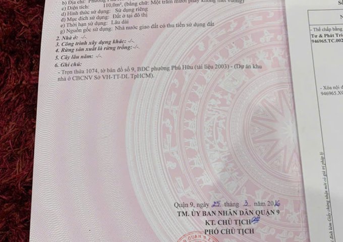 Chính chủ cần bán lô đất tại Phú Hữu, Quận 9 Địa chỉ: Phường Phú Hữu - Quận 9 - Tp.Hcm
