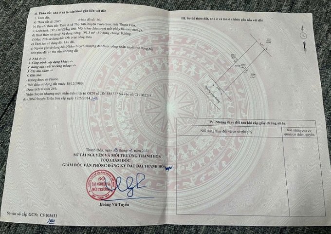 CẦN BÁN ĐẤT TẠI THÔN 4 THỌ TÂN, HUYỆN TRIỆU SƠN , TỈNH THANH HÓA