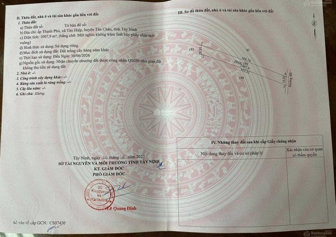 Bán 5 lô đất vị trí đẹp ấp Thạnh Phú, xã Tân Hiệp mới, huyện Tân Châu, tỉnh Tây Ninh.