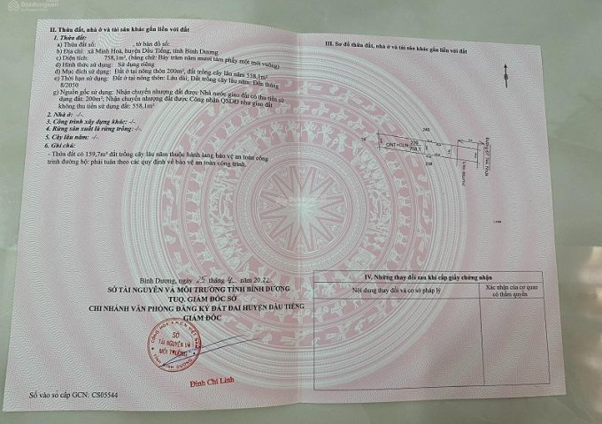 Chính chủ cần bán lô đất mặt tiền đường ĐT 744, xã Minh Hòa, huyện Dầu Tiếng, tỉnh Bình Dương.