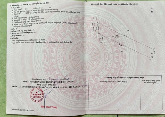 Chính chủ bán 2188m2 đất tại Hoà Lợi, Bến Cát.