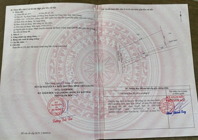 CHính chủ cần bán đất 1234,5m2 - ấp Bình Trinh, xã Đồng Sơn, Huyện Gò Công Tây, Tỉnh Tiền Giang.