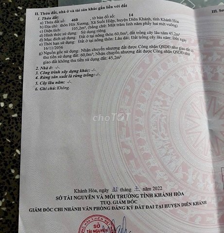 Đất nền thổ cư Diên Khánh sổ đỏ 105 m2 quy hoạch đô thị