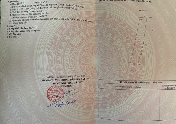 Bán đất chính chủ ngang 9,22m nở hậu 9,9m dài 63,54m tổng diện tích 704,7mv đất cây lâu năm có 100mv thổ cư