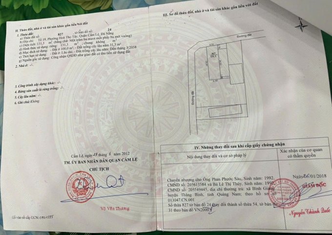 Bán lô đất kiệt ô tô hòa thọ tây, gần cầu vượt hòa cầm, hướng bắc, diện tích 130m2, ngang 6m, giá bán 1470tr.