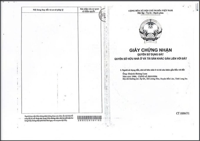 Chính chủ cần bán đất  Ấp 6A- Xã Lương Hoà- Huyện Bến Lức - Long An