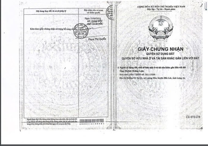 Chính chủ cần bán đất  Ấp 6A- Xã Lương Hoà- Huyện Bến Lức - Long An