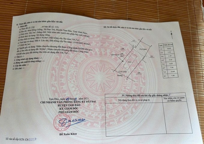 BÁN ĐẤT ĐẸP SẴN NHÀ 2 TẦNG TẠI ĐẠO TRÙ , TAM ĐẢO , VĨNH PHÚC