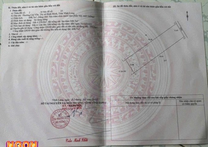 CHÍNH CHỦ BÁN 04  LÔ ĐẤT TẠI PHƯỜNG CÁI VỒN, BÌNH MINH, TP.VĨNH LONG