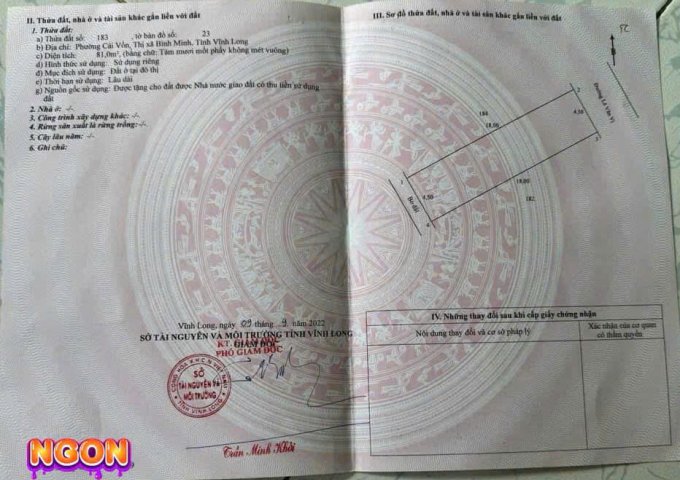 CHÍNH CHỦ BÁN 04  LÔ ĐẤT TẠI PHƯỜNG CÁI VỒN, BÌNH MINH, TP.VĨNH LONG