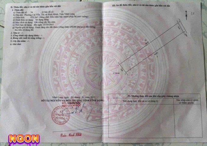 CHÍNH CHỦ BÁN 04  LÔ ĐẤT TẠI PHƯỜNG CÁI VỒN, BÌNH MINH, TP.VĨNH LONG