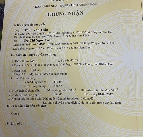 CHÍNH CHỦ CẦN BÁN LÔ ĐẤT TẠI XÃ VĨNH NGỌC- TP NHA TRANG- TỈNH KHÁNH HOÀ