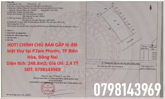 ⭐️HOT! CHÍNH CHỦ BÁN GẤP lô đất biệt thự tại P.Tam Phước, Biên Hòa, Đồng Nai; 2,4 tỷ, 0798143969