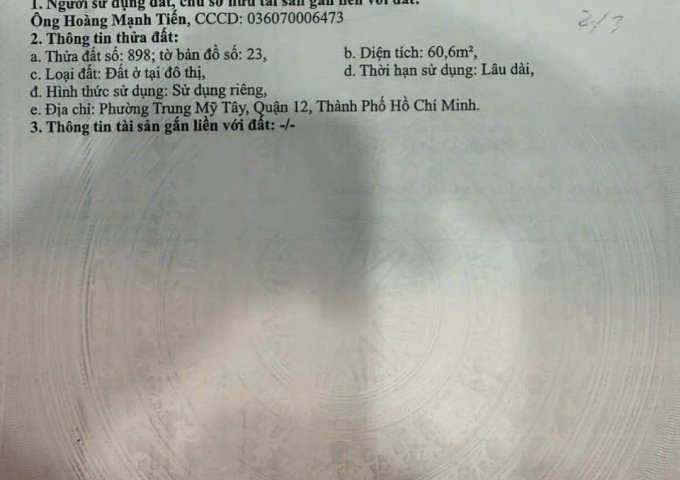 Bán 3 lô đất (4x18) Sổ mới ra lò. Đường 5m Trung Mỹ Tây 13, Quận 12
