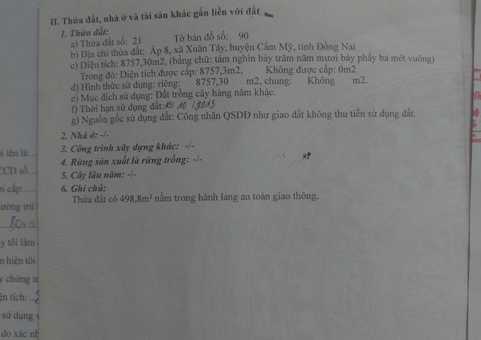 Chính chủ Cần bán Đất Ấp 8 - Xã Xuân Tây - Huyện Cẩm Mỹ - Đồng Nai.