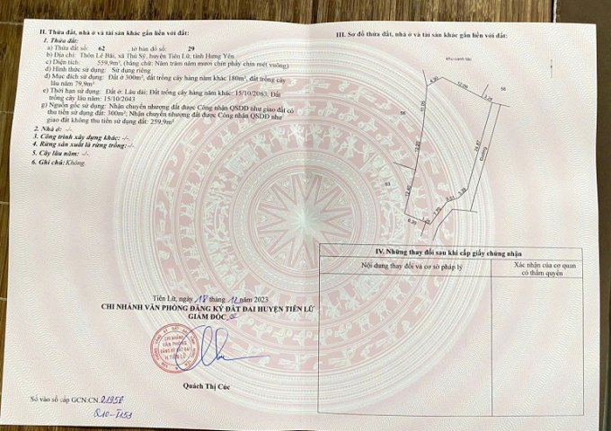 Chính chủ cần bán đất tại Thôn Lê Hải - Xã Thủ Sỹ - Huyện Tiên Lữ - Hưng Yên