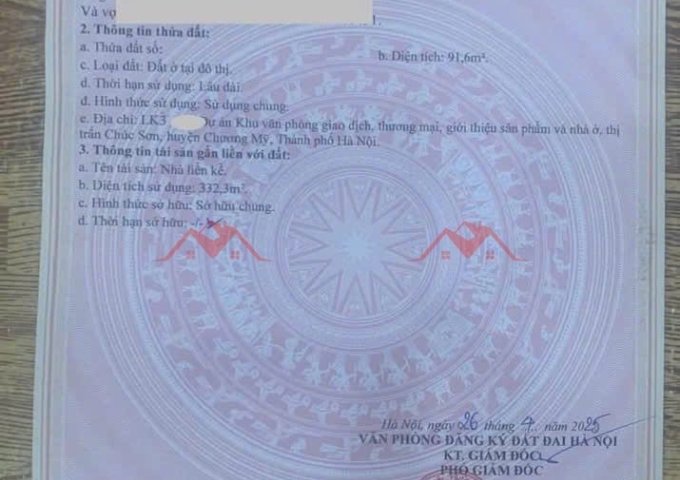 CHÍNH CHỦ BÁN CĂN LIỀN KỀ LỘC NINH-TT CHÚC SƠN-CHƯƠNG MỸ-HÀ NỘI 
DIỆN TÍCH:91,6M