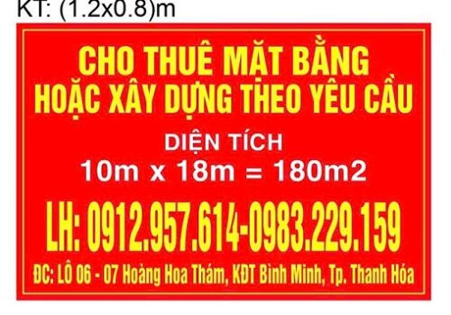 Cho thuê mặt bằng hoặc xây dựng theo yêu cầu lô 06 – 07 đường Hoàng Hoa Thám, KDT Bình Minh, Tp Thanh Hóa