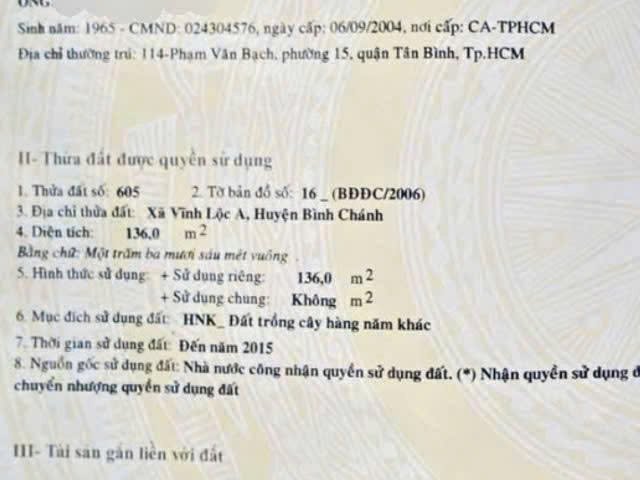 Bán đất mặt tiền Vĩnh Lộc A, Bình Chánh – Giá tốt đầu tư
