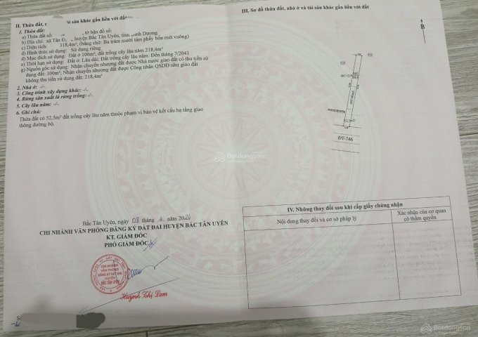 Bán đất mặt tiền đường DT746, xã Tân Định, Bắc Tân Uyên, Bình Dương.