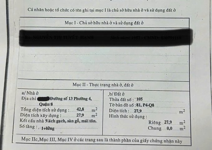 Chính Chủ Bán Nhà 1 Trệt, 1 Lửng Mặt Tiền Đường Tám Danh, Phường 4, Quận 8