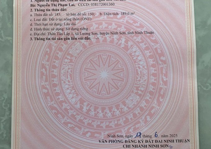 Chính chủ cần bán nhanh lô đất có khả năng sinh lời cao xã Lương Sơn huyện Ninh Sơn tỉnh Ninh Thuận