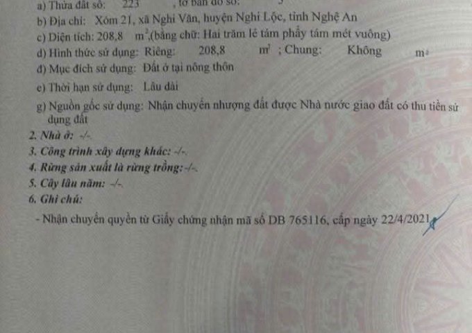 CHÍNH CHỦ BÁN LÔ ĐẤT ĐẸP – XÓM 21, NGHI VĂN, NGHI LỘC – NGHỆ AN