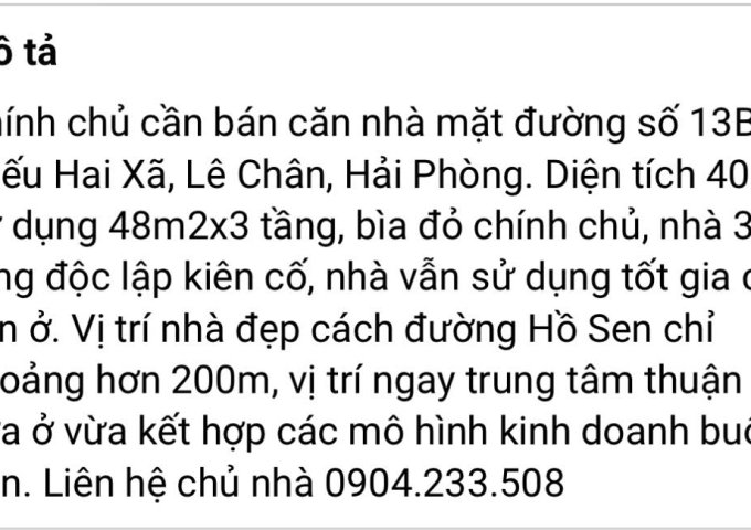 CHÍNH CHỦ BÁN NHÀ MẶT ĐƯỜNG 13B MIẾU HAI XÃ – LÊ CHÂN – HẢI PHÒNG