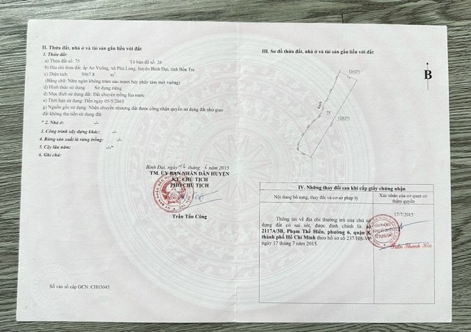 Cần Bán Đất Vườn Dừa 5.068 m² Gần UBND Xã Phú Long, Huyện Bình Đại – Bến Tre Cũ