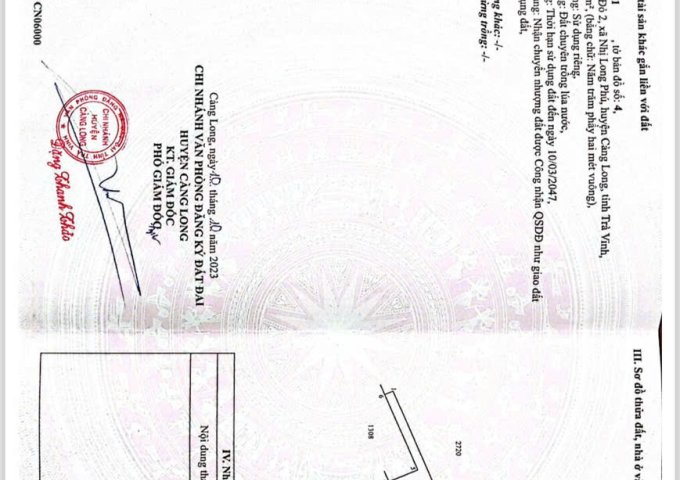 BÁN ĐẤT MẶT TIỀN ĐƯỜNG HUYỆN 4 – TRUNG TÂM XÃ NHỊ LONG PHÚ, HUYỆN CÀNG LONG, TỈNH TRÀ VINH