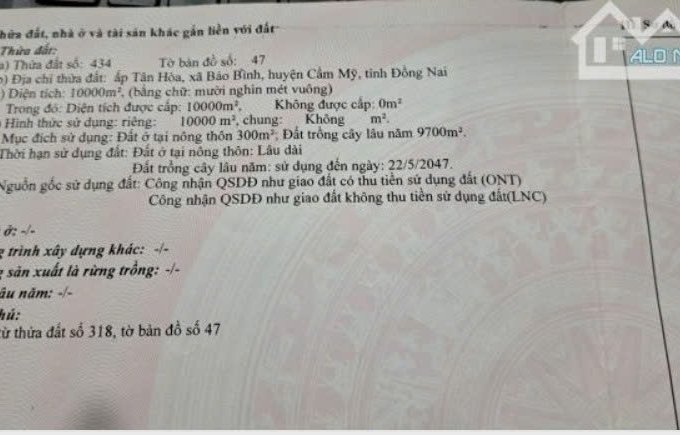 Bán Đất Vườn – DT: 1 Ha – Giá: 4 tỉ 7 - Bảo Bình, Cẩm Mỹ