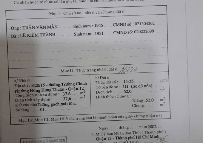 CHÍNH CHỦ BÁN NHÀ HẺM TRƯỜNG CHINH – TÂN HƯNG THUẬN, QUẬN 12.