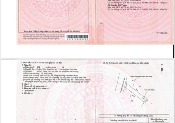 CHÍNH CHỦ BÁN NHANH LÔ ĐẤT MẶT TIỀN – VỊ TRÍ SIÊU ĐẸP TẠI XÃ TÓC TIÊN, THỊ XÃ PHÚ MỸ, BÀ RỊA – VŨNG TÀU